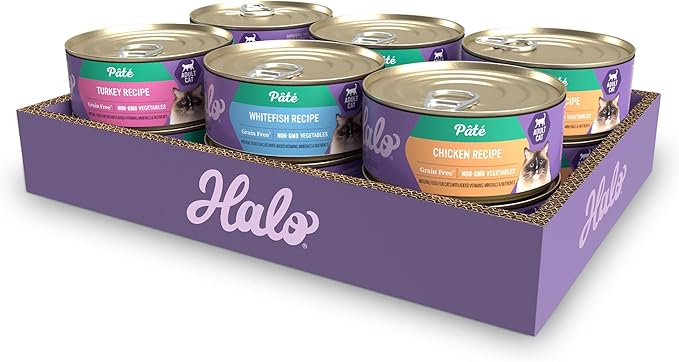 Halo Wet Cat Food Variety Pack, Three Canned Wet Cat Pate, Chicken, Turkey & Whitefish, 5.5 Oz Can (Pack of 12)