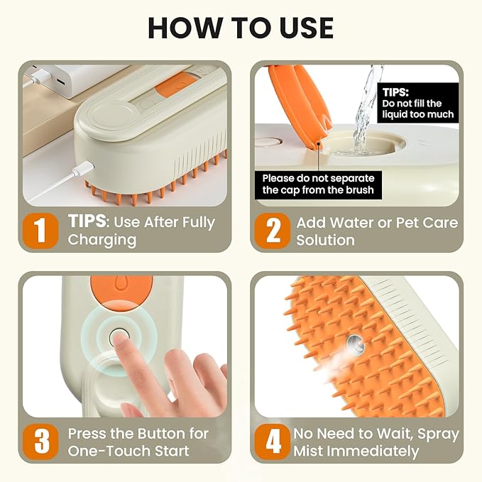 4 in 1 Cat Steam Brush for Shedding, Rechargeable Steam Brush with Foldable Handle, for Cats and Dogs Massaging and Cleaning, Multifunctional Hair Removal Comb (Cream)