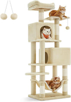 Feandrea Cat Tree, 61-Inch Cat Tower for Indoor Cats, Plush Multi-Level Cat Condo with 5 Scratching Posts, 2 Perches, 2 Caves, Hammock, 2 Pompoms, Beige UPCT192M01