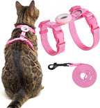 Cat Harness and Leash Set with Airtag Holder for Walking & Travelling, Escape Proof Cat Harness for Small Medium Large Kitten, Adjustable Lightweight Soft Cat Vests (Pink)