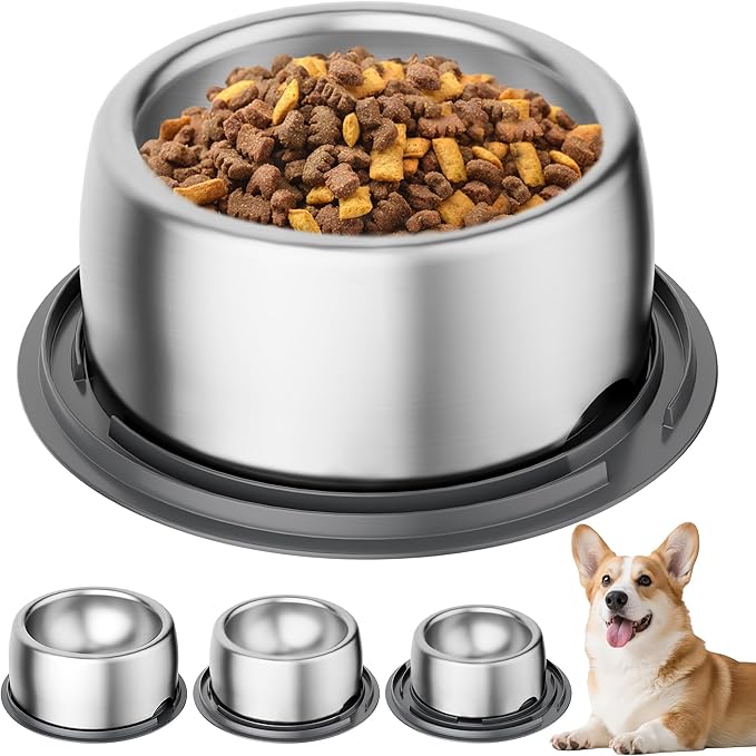 304 Stainless Steel Dog Bowls, Heavy Duty Dog Food Bowl with Extra Strong Non-Slip Mat, Thick Metal Base Water Bowl with Lick Mat for Small, Medium Dogs & Cats, Indoor/Outdoor (13.4 oz)