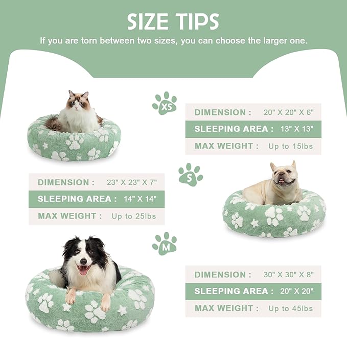 Donut Dog Beds for Small Dogs, Calming Round Cat Beds for Indoor Cats, Cute 3D Textured Paw Pet Bed with Removable Washable Cover and Anti-Slip Bottom（Green，23"）