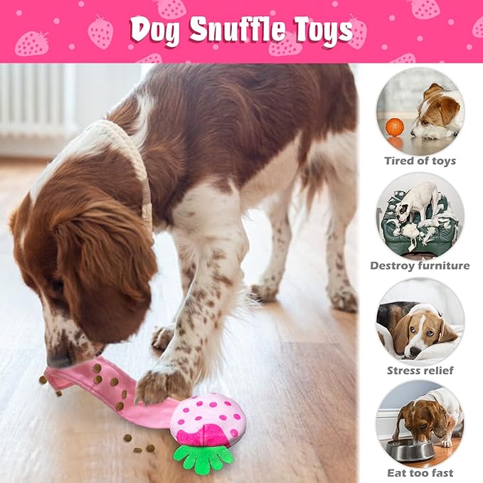 Valentine's Day Dog Toys, Squeaky Hide and Seek Dog Toy, Interactive Puzzle Dog Toys for Boredom and Stimulation, Valentine's Day Dog Gifts for Small and Medium Dogs (Strawberries, Pack of 7)