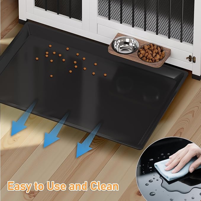 Dog Crate - 39.4" Dog Kennel Furniture with 360° Rotating Feeder & Removable Tray | Versatile Indoor Dog Cage End Table for Medium & Large Dogs, White Wooden Dog Crates for Living Room