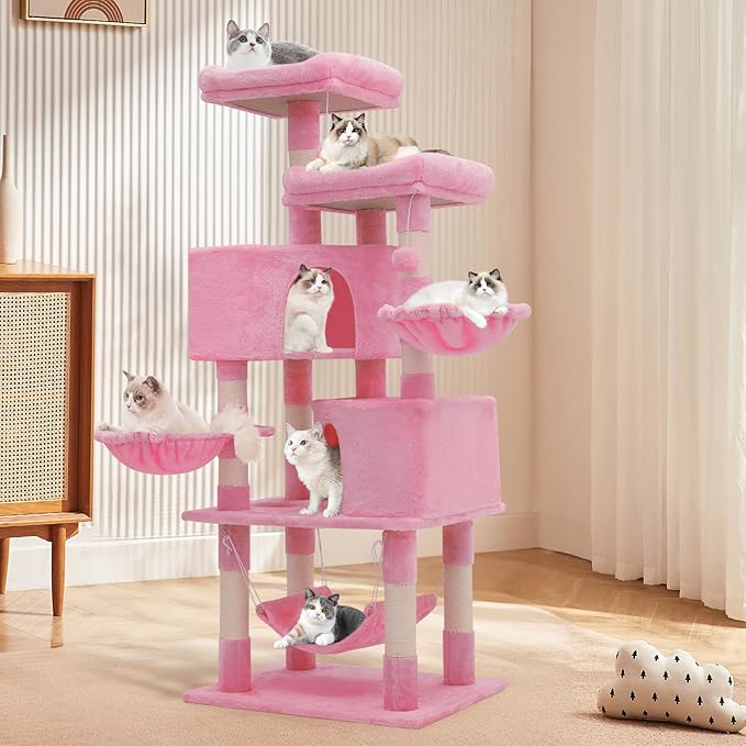 MoNiBloom 58 Inch Cat Tree Tower for Indoor Cats Large Adults, Pink Cat Tower with Scratching Post & Hammock, Pet Play House with Cat Condo, Soft Pink