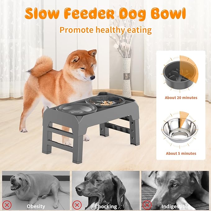 URPOWER 2-in-1 Elevated Dog Bowls Mess Proof Slow Feeder with No Spill Water Bowl 4 Height Adjustable Raised Dog Bowl Non-Slip Food and Water Bowls Set for Small Medium Large Dogs