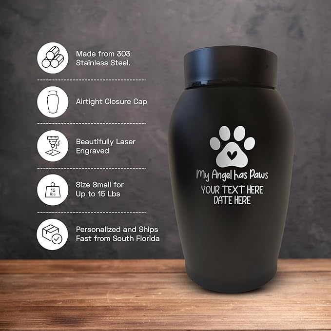 Personalized Custom Small Keepsake Urn Engraved with Pet Name, Date and Cat Design - 5.2" Black Powder Coated Steel Cremation Urn for Cat Ashes - Airtight Closure | 12-16 lb Capacity, Cat Paw + Heart