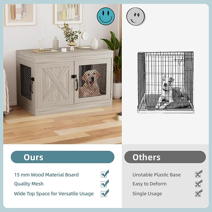 Xilingol Corner Dog Crate Furniture with Double Doors, 36 Inch Wooden Dog Kennel End Table Indoor with Mesh, Cage/House for Small Medium Large Dog, Decorative Pet Crate Indoor Use, Grey