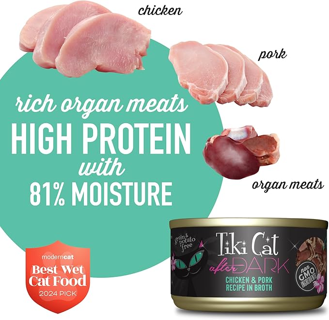 Tiki Cat After Dark, Chicken & Pork, High-Protein and 100% Non-GMO Ingredients, Wet Cat Food for Adult Cats, 2.8 oz. Cans (Pack of 12)