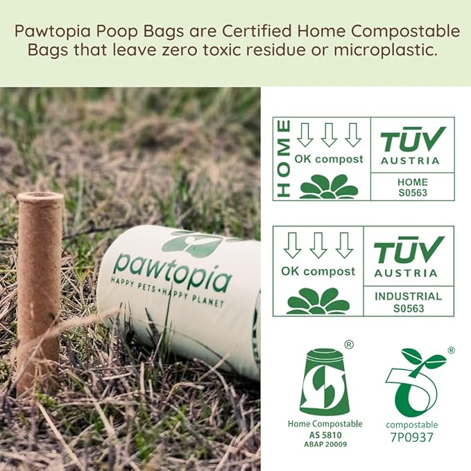 Pawtopia Certified Home Compostable Dog Poop Bags (60) + Pink Poop Bag Carrier, Biodegradable Poop Bags, Cat Litter, Vegetable Starches, Leakproof Dog Waste Bags, Easy to Open