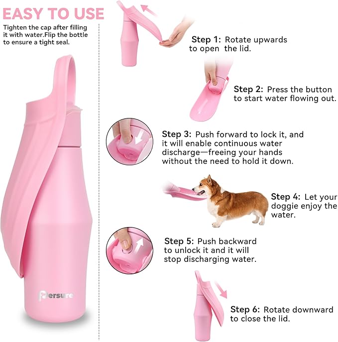 27 OZ Dog Water Bottle Portable Stainless Steel Convenient Pet Water Dispenser, Leak Proof Puppy Travel Water Bowl for Dog Outdoor Walking, Hiking, Perfect Size for All Dog Breeds, Pink