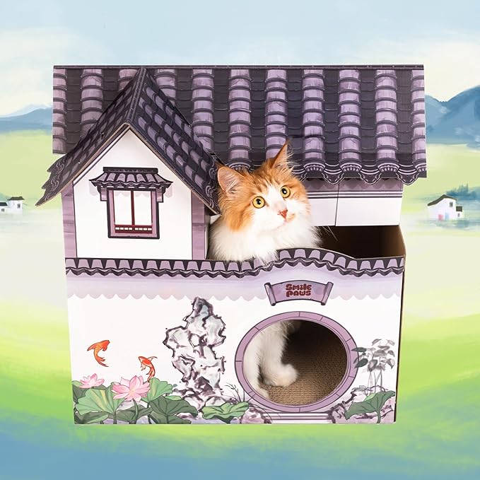 SMILE PAWS Cat Beds for Indoor Cats, Cardboard House with Scratchers, Tea House, Large Sturdy Cat Furniture Condo Cave Tent, Easy to Assemble Pet Toys Accessories Stuffs, Bunny Small Animals