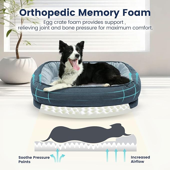 Miguel Orthopedic Dog Bed Medium Size Dog, Memory Foam Pet Bed Washable Removable Cover, Calming Puppy Bed with Sides, Dog Couch Comfort Sofa, Egg Foam Support, Non-Slip Bottom, Blue 30 inches
