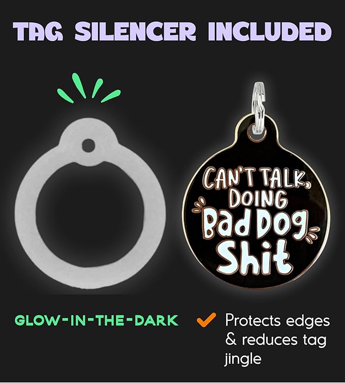 Personalized QR Code Dog Tags - Choose from 25+ Tag Designs - QR Code Links to Your Profile - Unique, Cute, Funny, Sassy Pet ID Tag (Can't Talk Doing Bad Dog Sh*t, Large (1.25 inch))