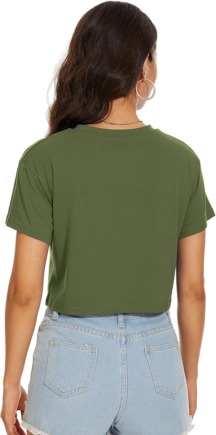 Womens Summer Crop Tops Short Sleeve Round Neck T-Shirts Loose Fit Casual Blouse