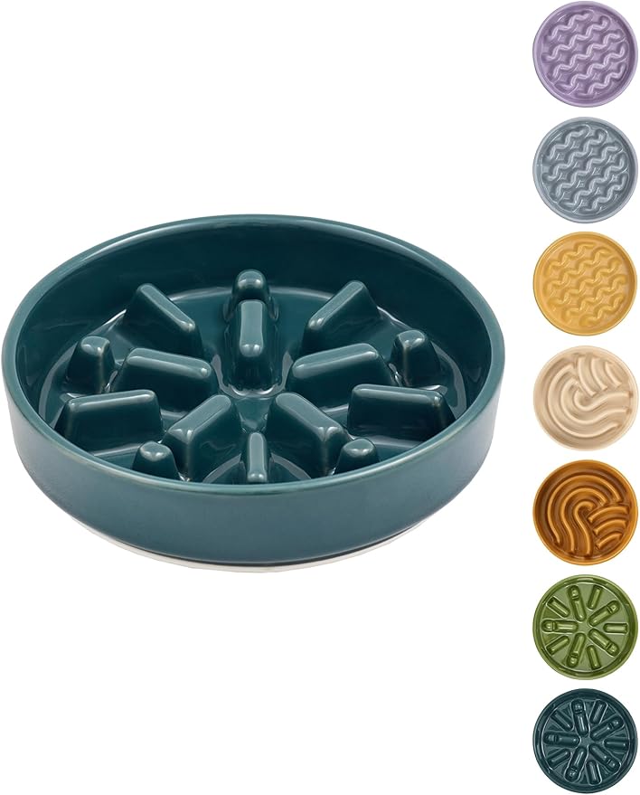 Ceramic Maze Dog Slow Feeder with Non-Slip Silicone Rim – Heavy-Duty Stoneware Bowl with Puzzle Pattern for Bloating & Obesity Prevention (Blue-S)