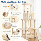 Cat Tree Tower 63in Multi-Level Cat Tower for Indoor Cats with Sisal Scratching Posts, Condo, Hammock, Dangling Ball and Extended Platform for Cats to Play, Beige
