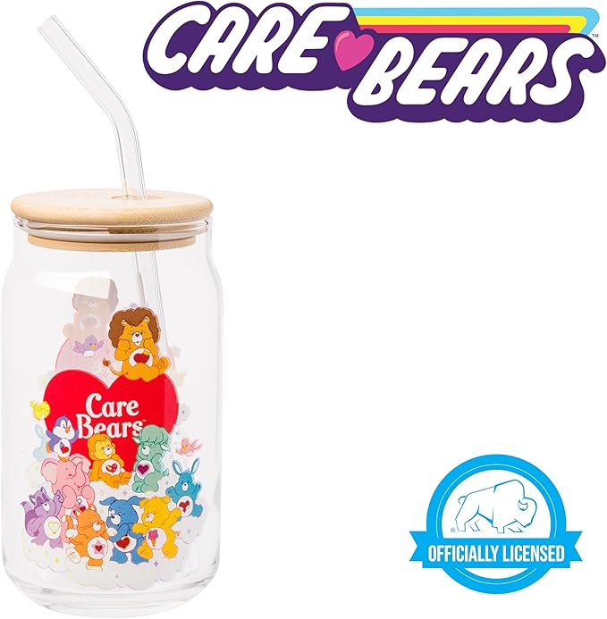 Silver Buffalo Care Bears Heart Cousins Brave Lion Playful Monkey Gentle Lamb Cozy Penguin Lotsa Elephant Bright Raccoon Proud Cat Loyal Dog Treat Pig Swift Rabbit Glass Jar Tumbler w Bamboo Lid, 16oz