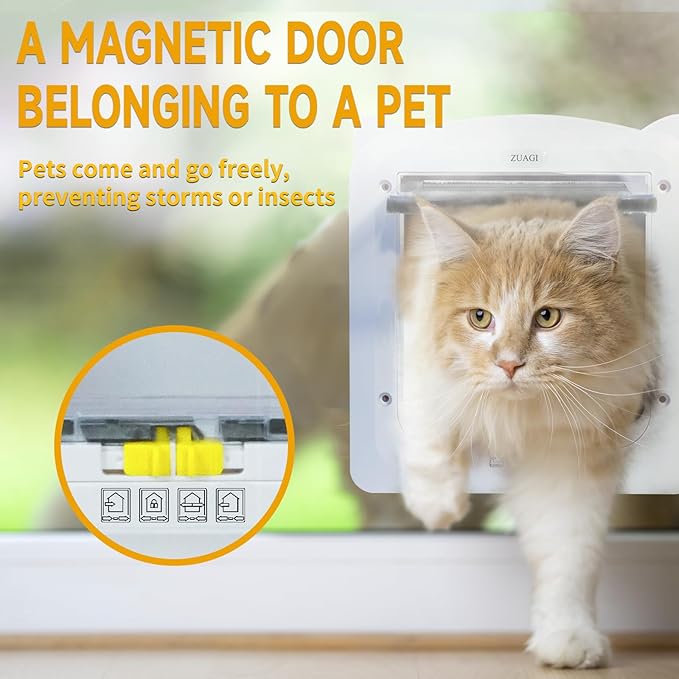 4 Way Locking Weatherproof Pet Gate - Cat & Dog Door for Sliding Glass Door (12.7''x11'', Inter Size 8.7''x7.9'')