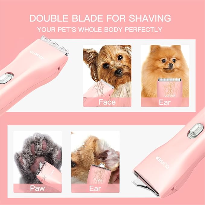 2 in 1 Prowerful Home Professional Dog Grooming Kit Clipper Low Noise USB Rechargeable Gifts for Dog Cat Pink,MTS006