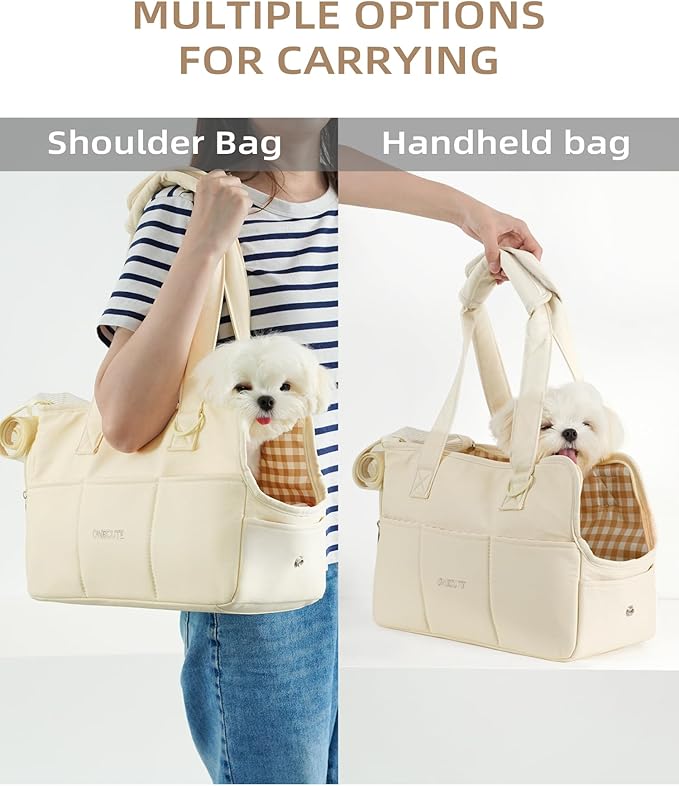 Dog Purse Carrier for Small Dogs Rabbit cat with Large Pockets, Cotton Bag, Dog Carrier Soft Sided, Collapsible Travel Puppy Carrier (Beige, 13.6" L x 6.5" W x 10" H)