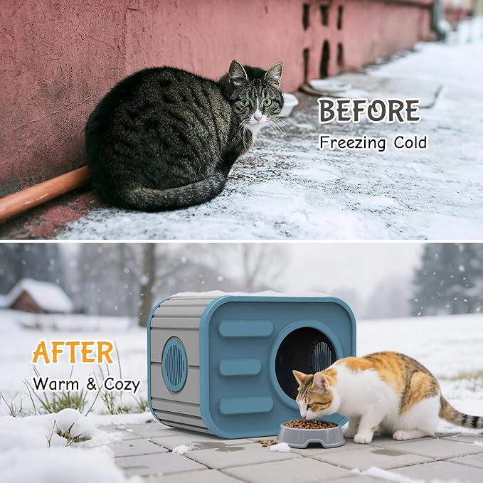 Outdoor Cat House, Outside Cat Shelter with Bed Mat for Feral Cat, Plastic Pet House for Indoor and Outdoor Use, Weatherproof, Blue