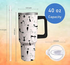 40oz Cute Cat Tumbler with Handle and Straw, Stainless Steel Insulated Cup with Lid, Travel Coffee Mug Water Bottle, Birthday Mothers Day Gifts for Women Men Animal Lovers