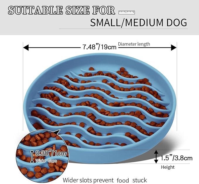 Slow Feeder Dog Bowls, Silicone Food Bowl Anti-Gulping, Pets Puppy Slow Feeder with Suction Cups, Dishwasher Microwave Safe for All Small Medium Dogs, Wave Design Blue