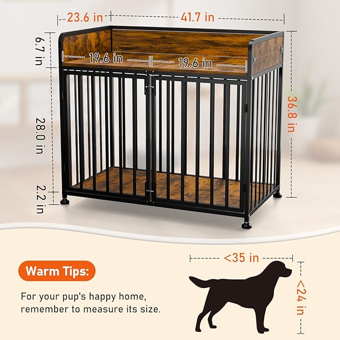 Large Dog Crate Furniture, Dog Kennel Indoor, Heavy Duty Dog Crate for Large Medium Dogs 42 Inch, Wooden Dog Cage Brown End Table with Table Guardrail