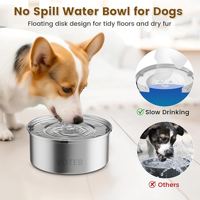 Dog Water Bowl No Spill,3L/101oz Stainless Steel Dog Water Bowl with Anti-Slip, Spill Proof Slobber Stopper No Drip Slow Drinking Dog Feeder for Sloppy Messy Drinkers