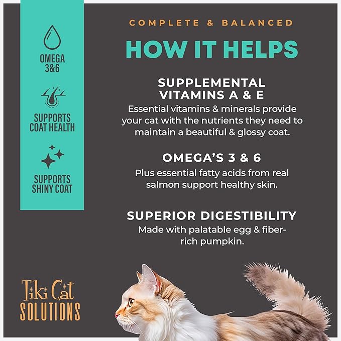 Tiki Cat Solutions Mousse Skin & Coat Mousse, Salmon Recipe, Specially Formulated with Omega Fatty Acids, Functional Wet Cat Food for Adult Cats, 2.4 oz. Pouch (12 Count)