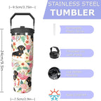 Dog Floral 30oz Tumbler with Top Handle Lid and Straw Insulated Water Bottle Travel Mug for Car Cup Office Coffe Mugs for Boy Girl Drink Hot and Cold (flowers)