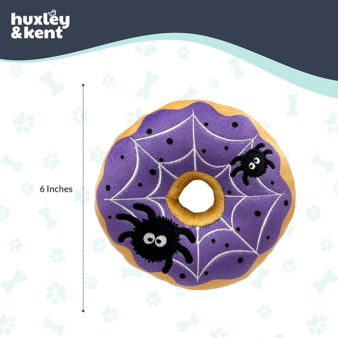 Huxley & Kent Halloween Funny Dog Toy w/Squeaker – Power Plush Squeaky Dog Toys for Small, Medium & Large Dogs – Soft Stuffed Animal for Indoor Play & Fetch - Spiderweb Donut, One Size