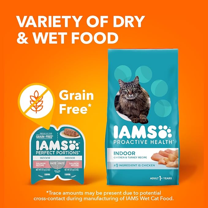IAMS Perfect Portions Indoor Adult Grain Free Wet Cat Food Pate, Salmon Recipe, 2.6 oz. Easy Peel Twin-Pack Trays (24 Count, 48 Servings)