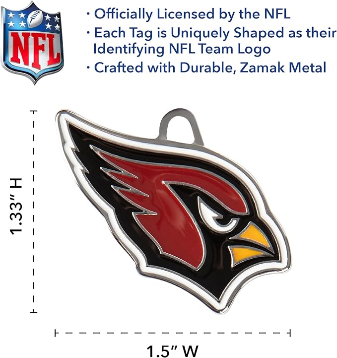 NFL Arizona Cardinals Engraving Pet ID Tags in 32 Team Logo Shapes Personalized Dog Tags and Cat Tags with 3 Lines of Customizable Text for Tracking & Safety. Stainless Steel Pet ID Tracking Tags