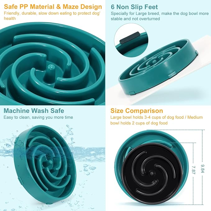 Green Slow Feeder Maze Puzzle Bowl - Large Dog Non Slip Food Feeding Dishes, Interactive, Bloat Stop, Choking Prevention
