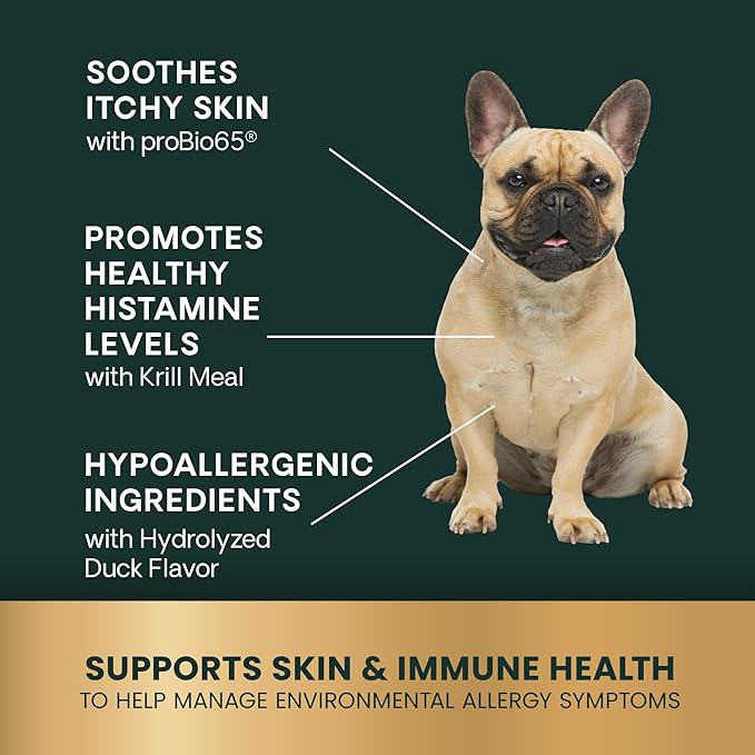 VetriScience Allergy & Itch Support Chews, Skin and Coat Supplement for Dogs, Allergy Chews for Itching, Scratching, and Licking, Support Skin and Immune Health, Duck, 75 Count