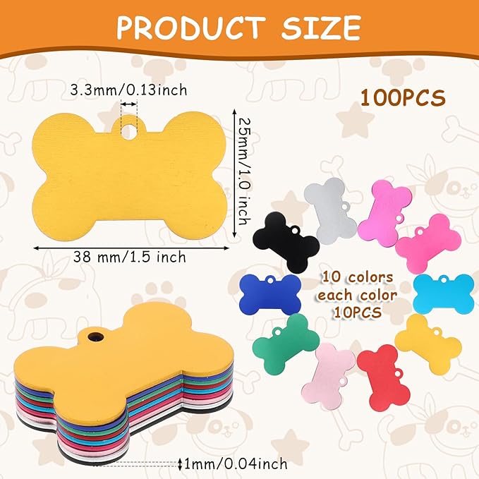 100 Pcs Blank Dog Tags for Engraving 38mm Pet ID Tags Aluminum Bone Shape Name Tag Colorful Double Stamping Dog Cat Phone Number Tag Collar Pendants with Hole