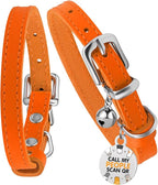 BRONZEDOG Leather Cat Collar with Removable Bells Non Breakaway Kitten QR Tag for Girl Boy (9" - 12" Cats/Mini Dogs, Orange & Silver)