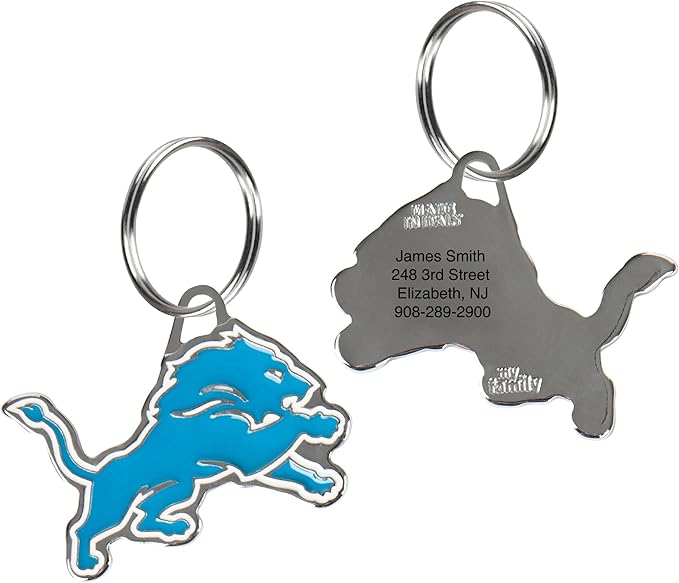 NFL Detroit Lions Engraving Pet ID Tags in 32 Team Logo Shapes Personalized Dog Tags and Cat Tags with 3 Lines of Customizable Text for Tracking & Safety. Stainless Steel Pet ID Tracking Tags