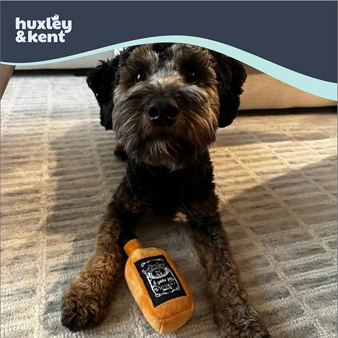 Huxley & Kent Funny Dog Toy w/Squeaker – Power Plush Squeaky Dog Toys for Small Dogs – Durable Small Stuffed Animal for Indoor Play & Fetch - Tiny Tuff Bad Dog Jack's Whiskey