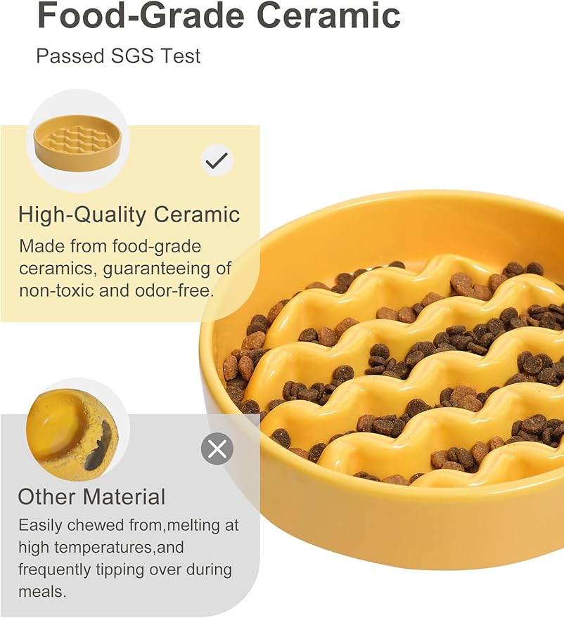 Ceramic Maze Dog Slow Feeder with Non-Slip Silicone Rim – Heavy-Duty Stoneware Bowl with Puzzle Pattern for Bloating & Obesity Prevention (Yellow-S)