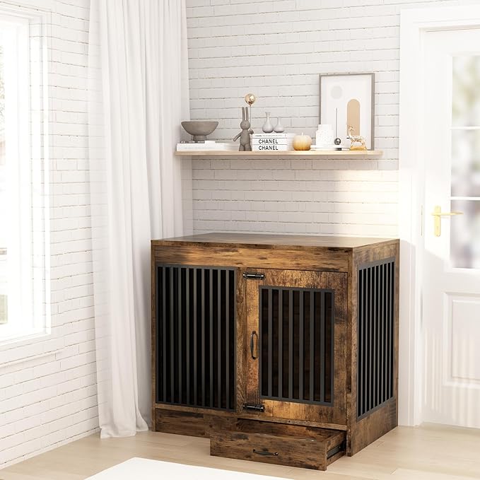 Rustic Brown Heavy Duty Furniture Dog Crate, Wood and Metal Kennel Cage, Pet House End Table with Drawer and Pull-Out Design, Dog Home for Indoor use, Large Size