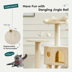 DUMOS 54-inch Indoor Cat Tree Tower –Multi-Level Pet House for Large Cats with 2 Condos, Scratching Posts, Round Platform, Small Ladder, and Toys, Beige