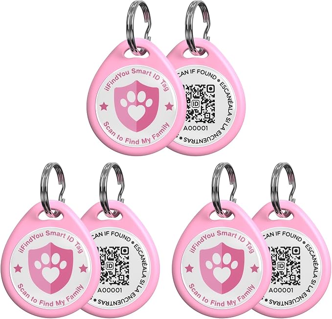 Dog Tags Personalized, QR Code Pet ID Tags for Dog Collar, Online Profile, Scan Location Alerts, Pink