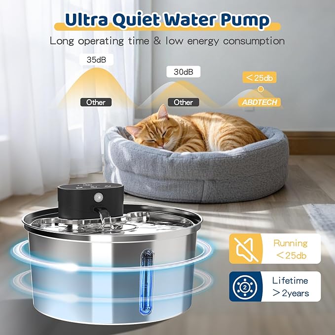 Water Fountains Cats Stainless Steel Dispenser Wireless Pet Fountain Drinking Inside- Automatic 108oz/3.2L 5000mAh Cats Fountain Indoor with Motion Sensor & Filters for Dogs, Multiple Pets