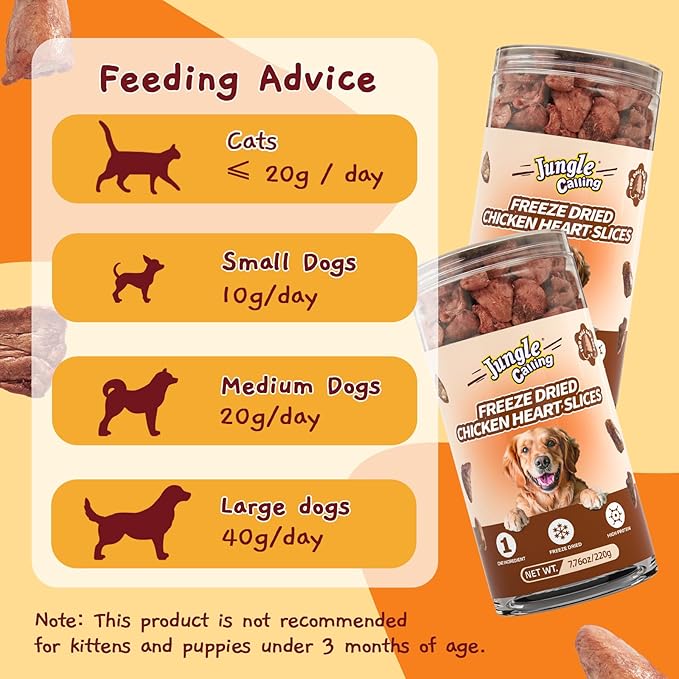 Jungle Calling Cat Treats & Dog Snacks, Freeze Dried Chicken Hearts Halves for Cats & Dogs, Single Ingredient Organ Meat, High Protein Pet Training Treats & Food Topper, 7.76 oz