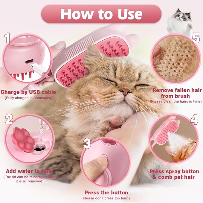 Cat Steam Brush for Dog & Cat, Spritz Defur Comb 3 in 1 Pet Rechargeable Steam Brush Tool for Long and Short Haired Cats and Dogs, Anti-Static, Shedding, Detangling, Massage & Combing (pink)