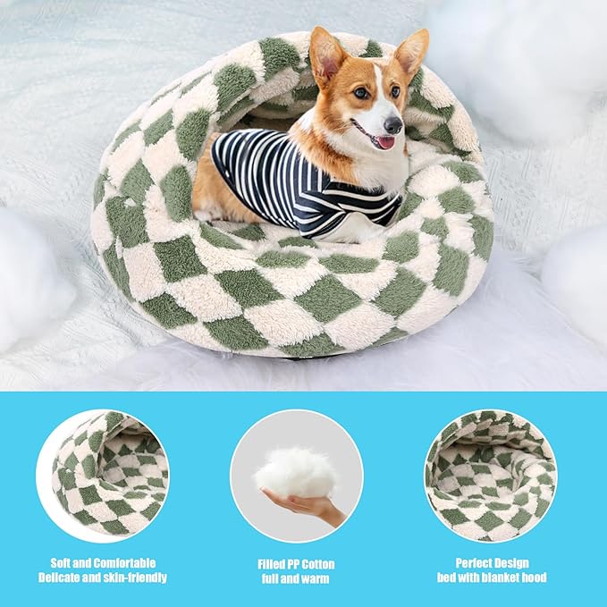 Dog Beds for Small Dogs, Cat Bed Cave, Washable Cute Cat Bed, Cozy Nook Pet Bed for Dogs or Cats, Anti-Slip Puppy Bed Fits up to 22 lbs Pets(Grid Green, 24" x 24")