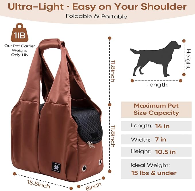 Dog Purse Carrier for Small Dogs, Cats, and Puppies – Soft-Sided Travel Pet Tote Bag with 4 Large Pockets, Foldable, Lightweight, Fits Pets up to 15 lbs, for Travel, Vet, Outings (Brown)